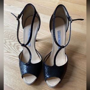 Luciano Padovan Snakeskin Leather T-Strap Peep Toe Pumps